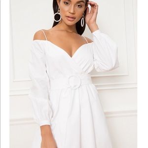 White belted off shoulder mini dress